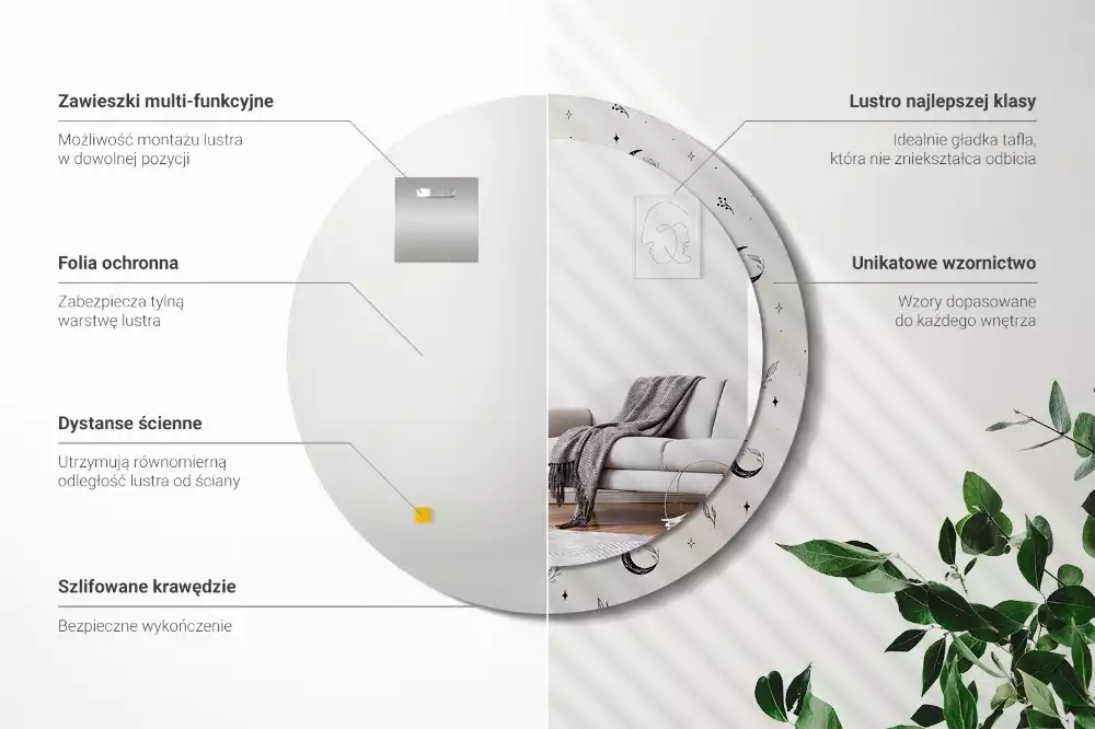 Rund spegel med tryckt ram Doodle växter