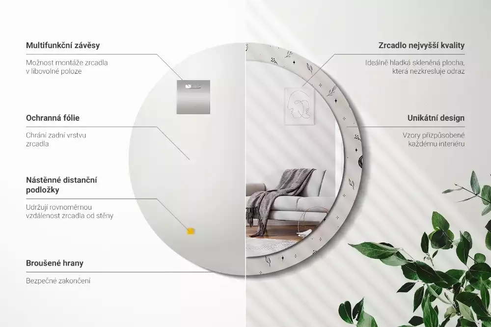 Rund spegel med tryckt ram Doodle växter