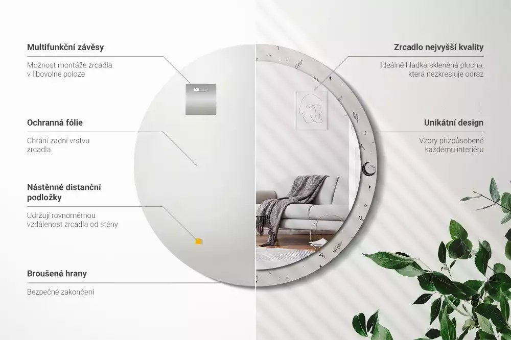 Rund spegel med tryckt ram Doodle växter