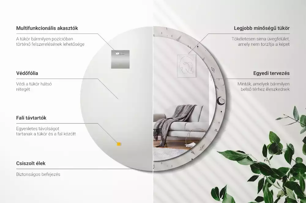 Rund spegel med tryckt ram Doodle växter