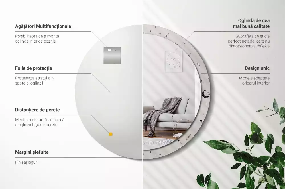 Rund spegel med tryckt ram Doodle växter