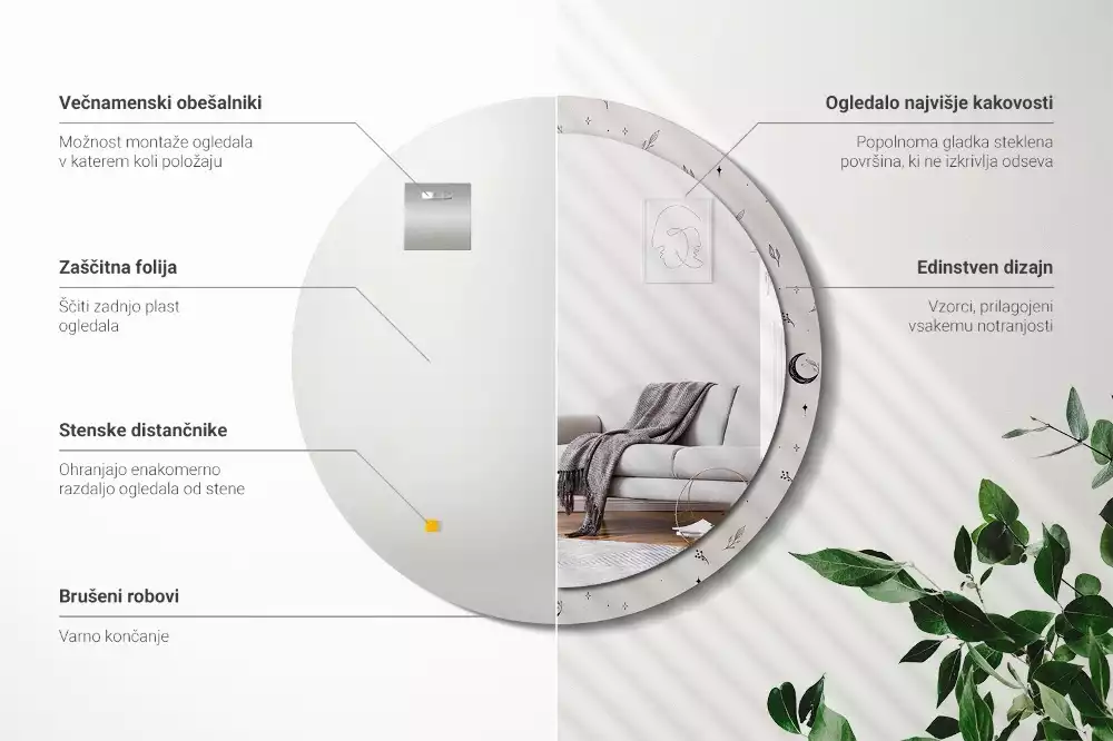 Rund spegel med tryckt ram Doodle växter