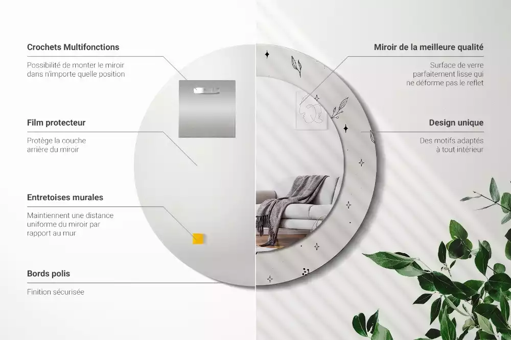 Rund spegel med tryckt ram Doodle växter