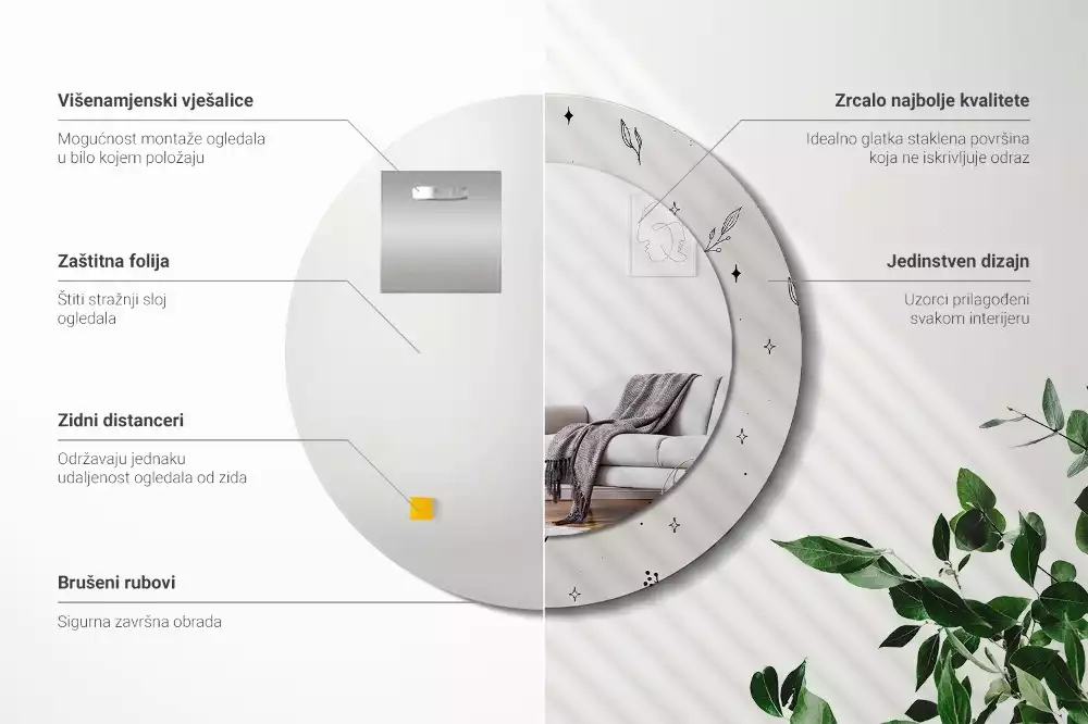 Rund spegel med tryckt ram Doodle växter