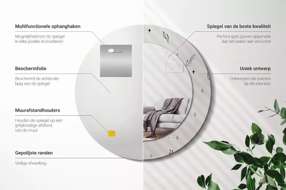 Rund spegel med tryckt ram Doodle växter