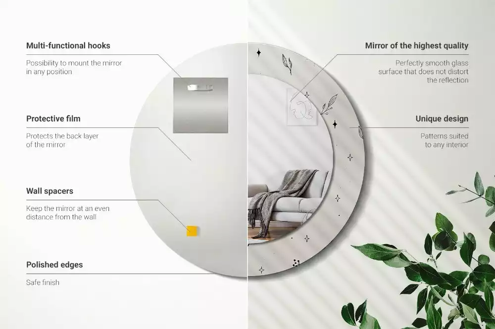 Rund spegel med tryckt ram Doodle växter