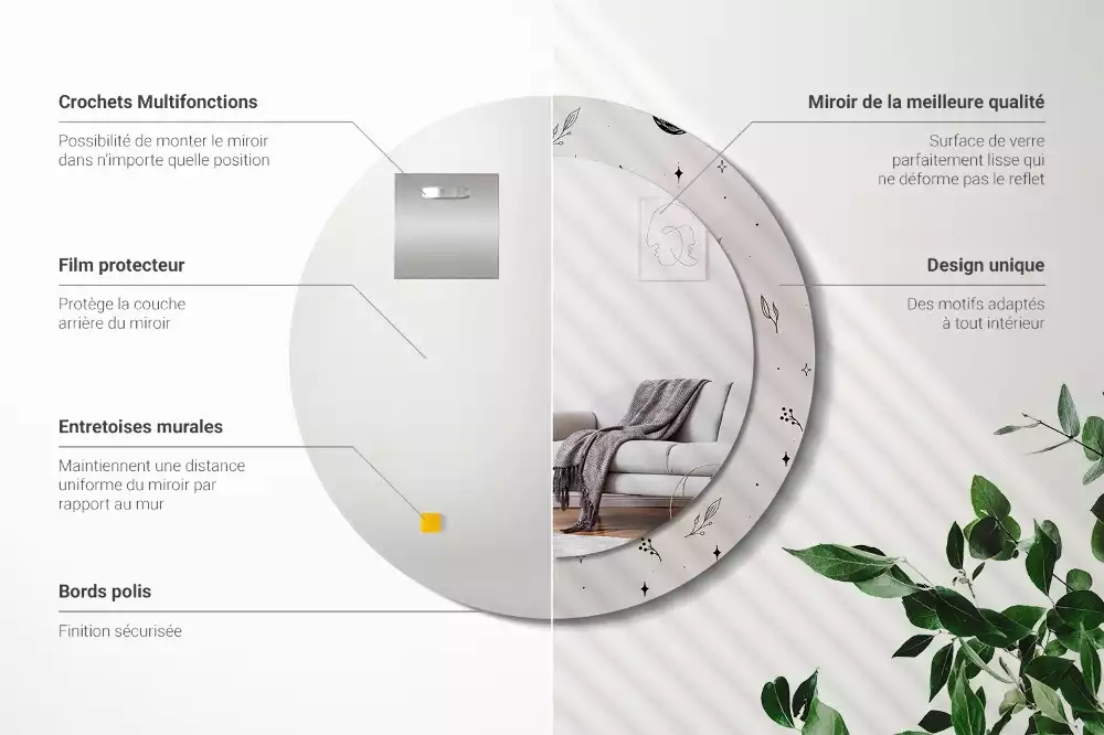 Rund spegel med tryckt ram Doodle växter