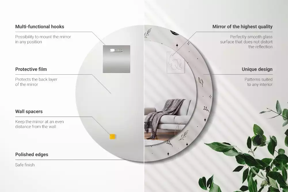 Rund spegel med tryckt ram Doodle växter