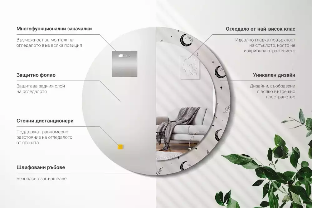 Rund spegel med tryckt ram Doodle växter