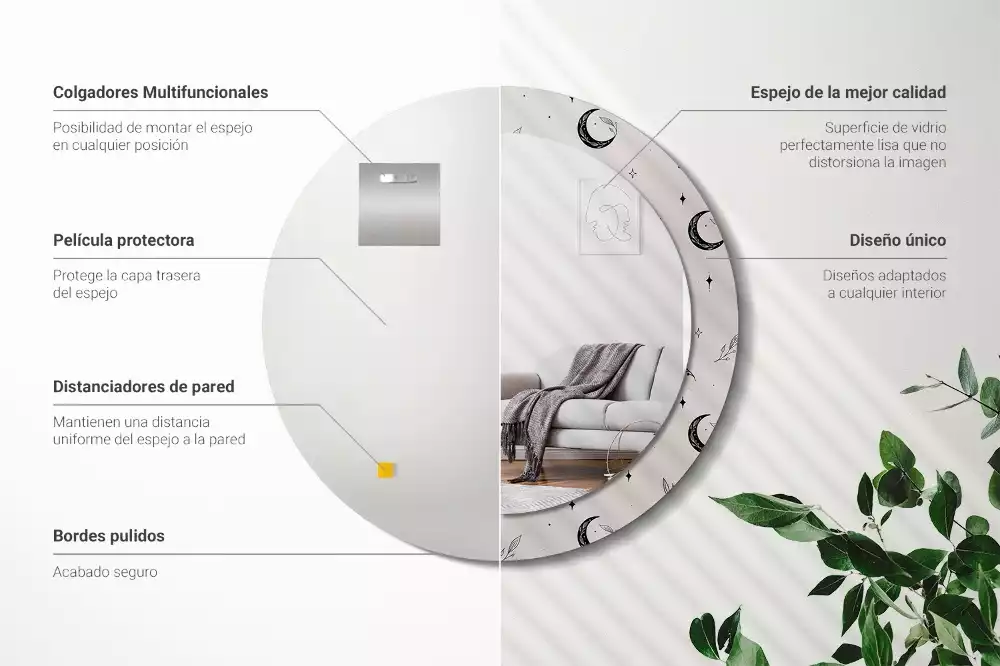 Rund spegel med tryckt ram Doodle växter