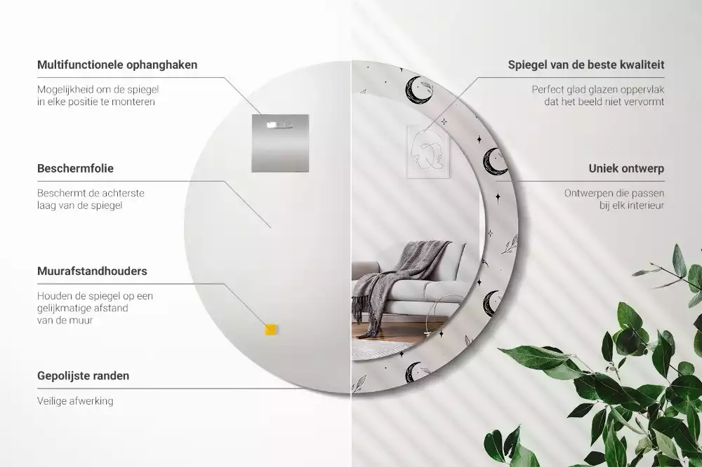 Rund spegel med tryckt ram Doodle växter