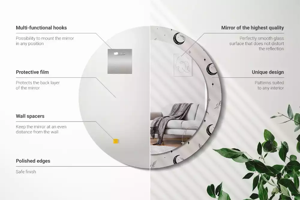 Rund spegel med tryckt ram Doodle växter