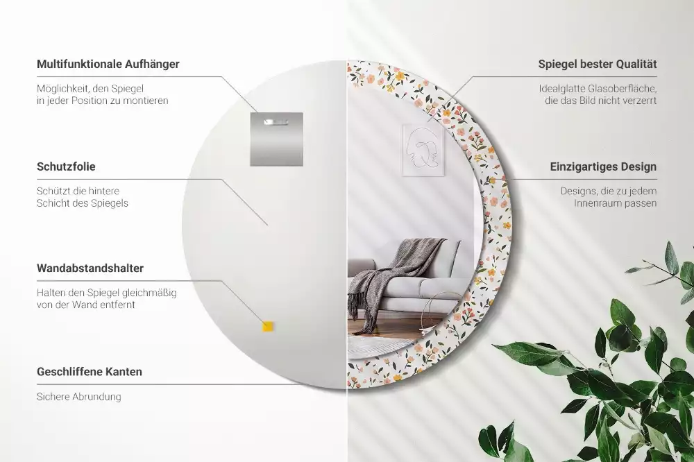 Rund spegel med tryckt ram Små blommor