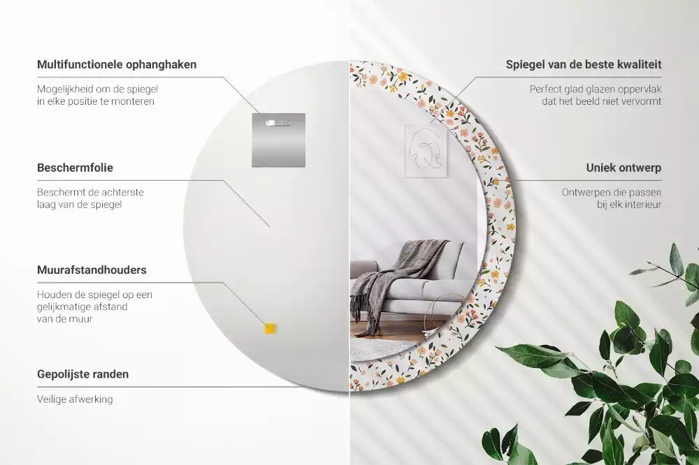 Rund spegel med tryckt ram Små blommor