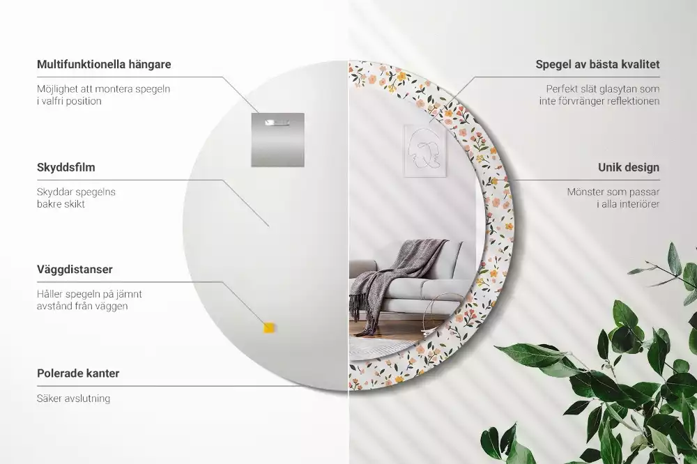 Rund spegel med tryckt ram Små blommor