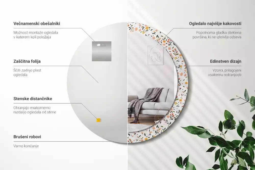 Rund spegel med tryckt ram Små blommor