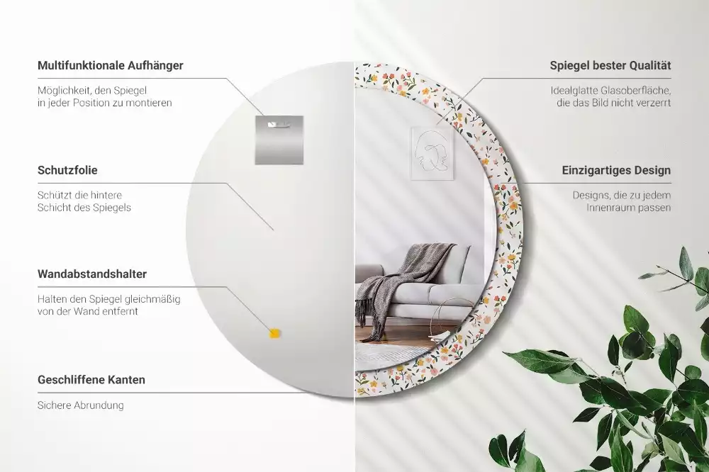 Rund spegel med tryckt ram Små blommor