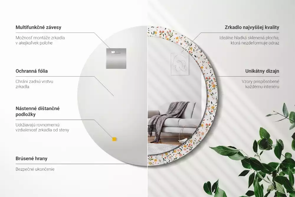 Rund spegel med tryckt ram Små blommor