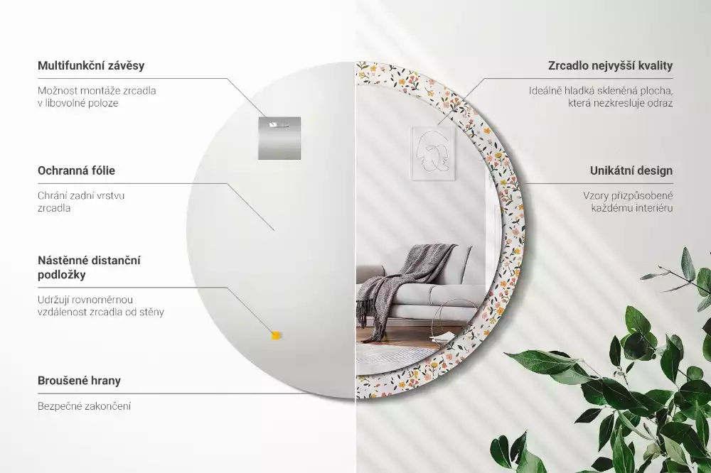 Rund spegel med tryckt ram Små blommor