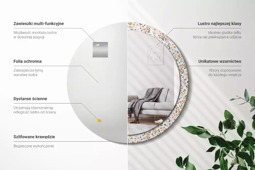 Rund spegel med tryckt ram Små blommor