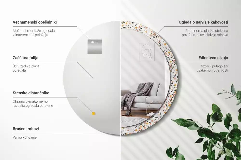 Rund spegel med tryckt ram Små blommor