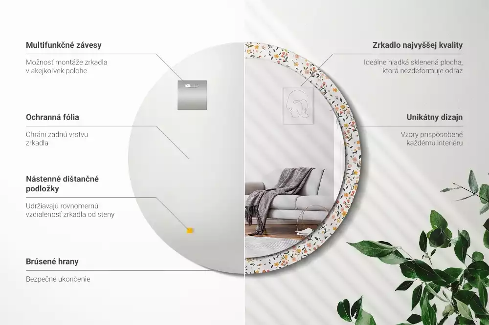 Rund spegel med tryckt ram Små blommor