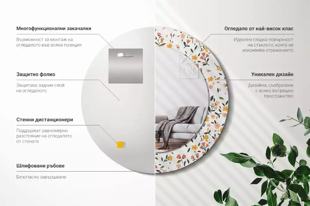 Rund spegel med tryckt ram Små blommor