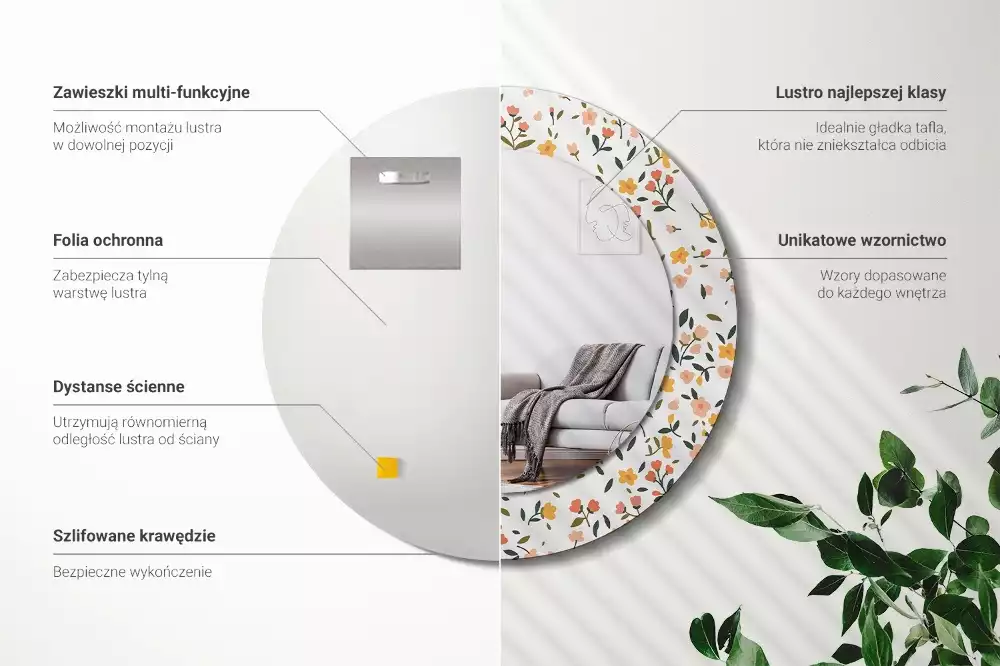 Rund spegel med tryckt ram Små blommor