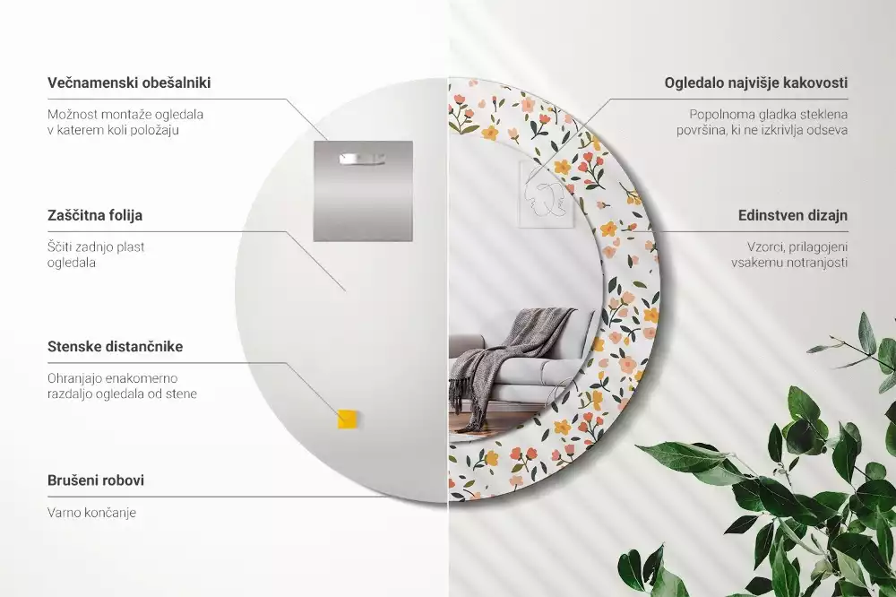 Rund spegel med tryckt ram Små blommor