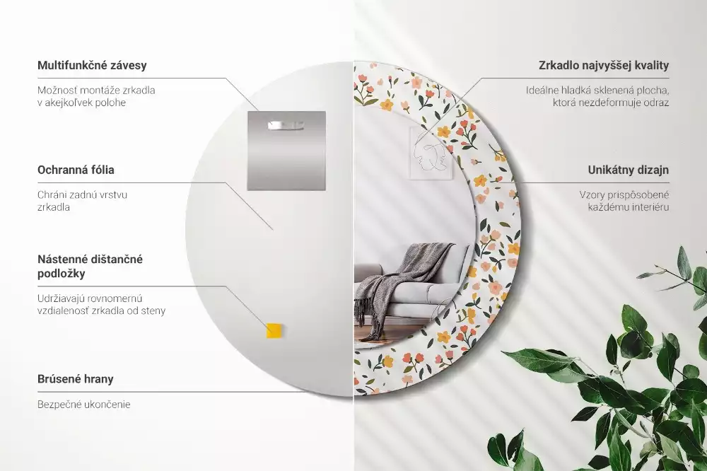 Rund spegel med tryckt ram Små blommor