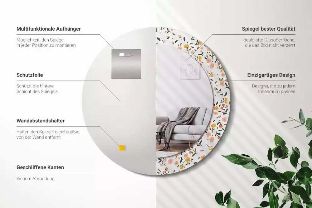 Rund spegel med tryckt ram Små blommor