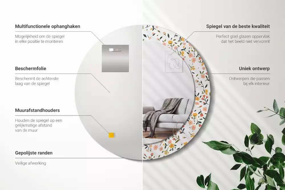 Rund spegel med tryckt ram Små blommor