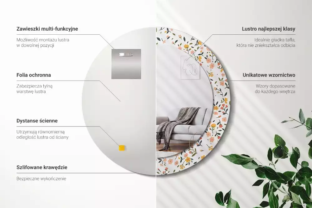 Rund spegel med tryckt ram Små blommor