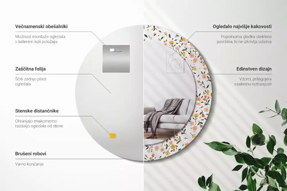 Rund spegel med tryckt ram Små blommor