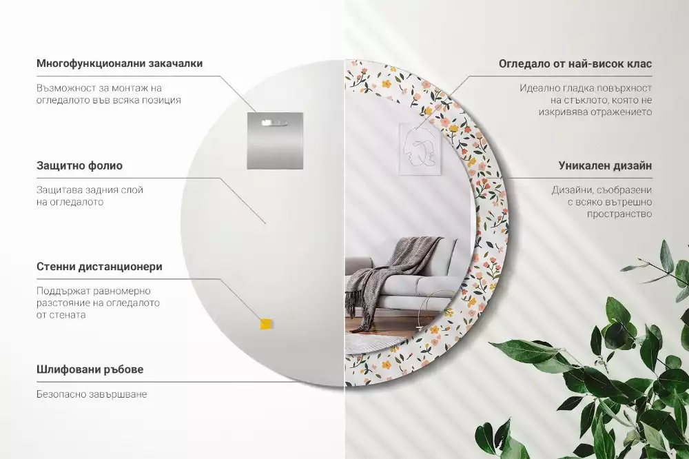 Rund spegel med tryckt ram Små blommor