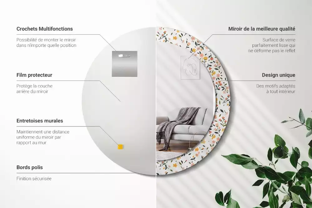 Rund spegel med tryckt ram Små blommor