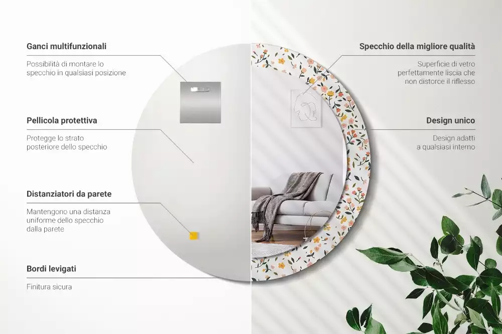 Rund spegel med tryckt ram Små blommor