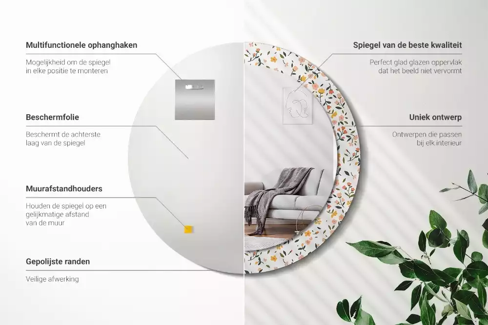 Rund spegel med tryckt ram Små blommor