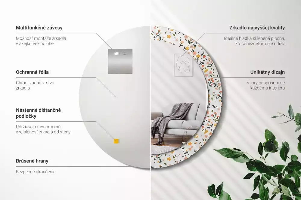 Rund spegel med tryckt ram Små blommor