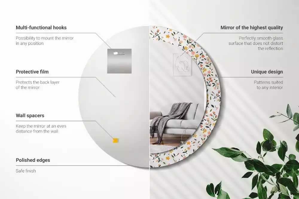 Rund spegel med tryckt ram Små blommor