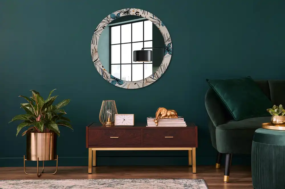 Rund spegel med tryckt Djungelmönster blommor