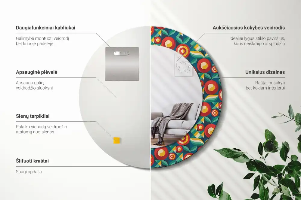 Rund spegel med tryckt ram Geometriska frukter och löv