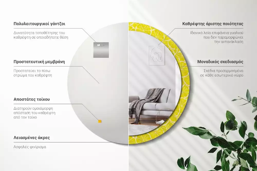 Rund spegel med tryckt ram Citroner