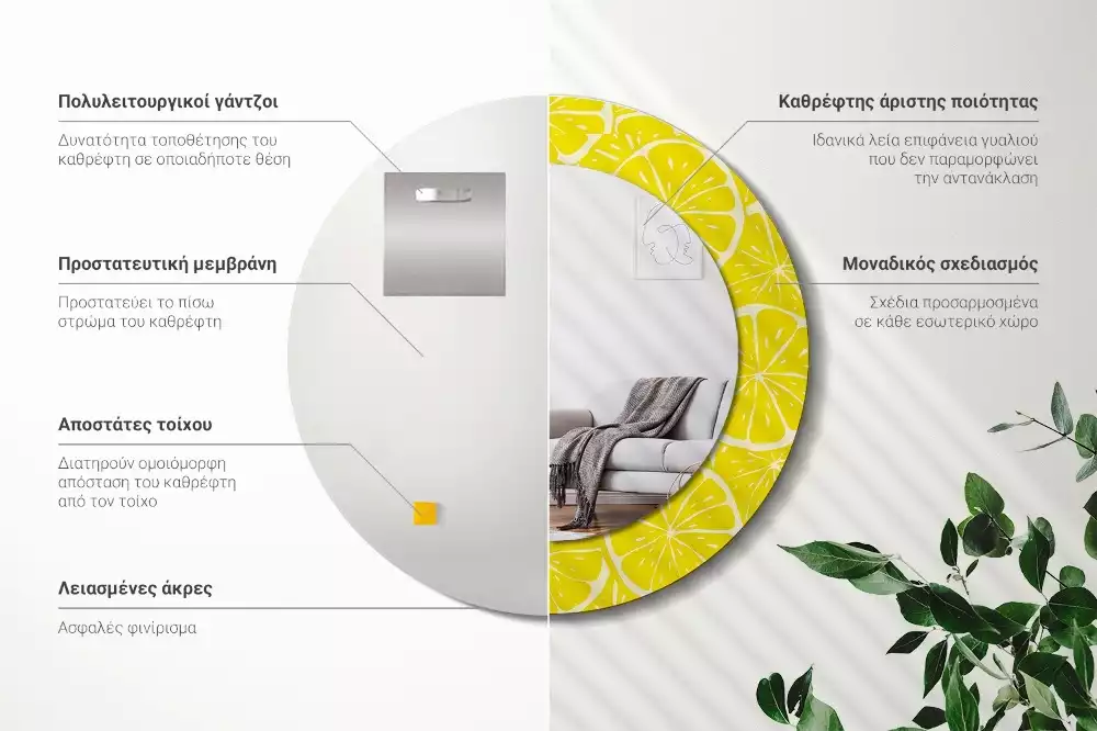 Rund spegel med tryckt ram Citroner