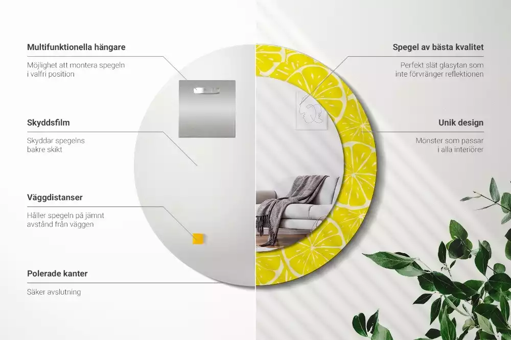 Rund spegel med tryckt ram Citroner