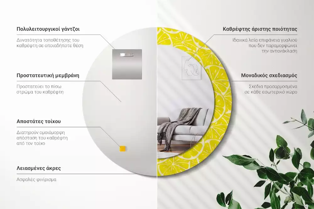 Rund spegel med tryckt ram Citroner