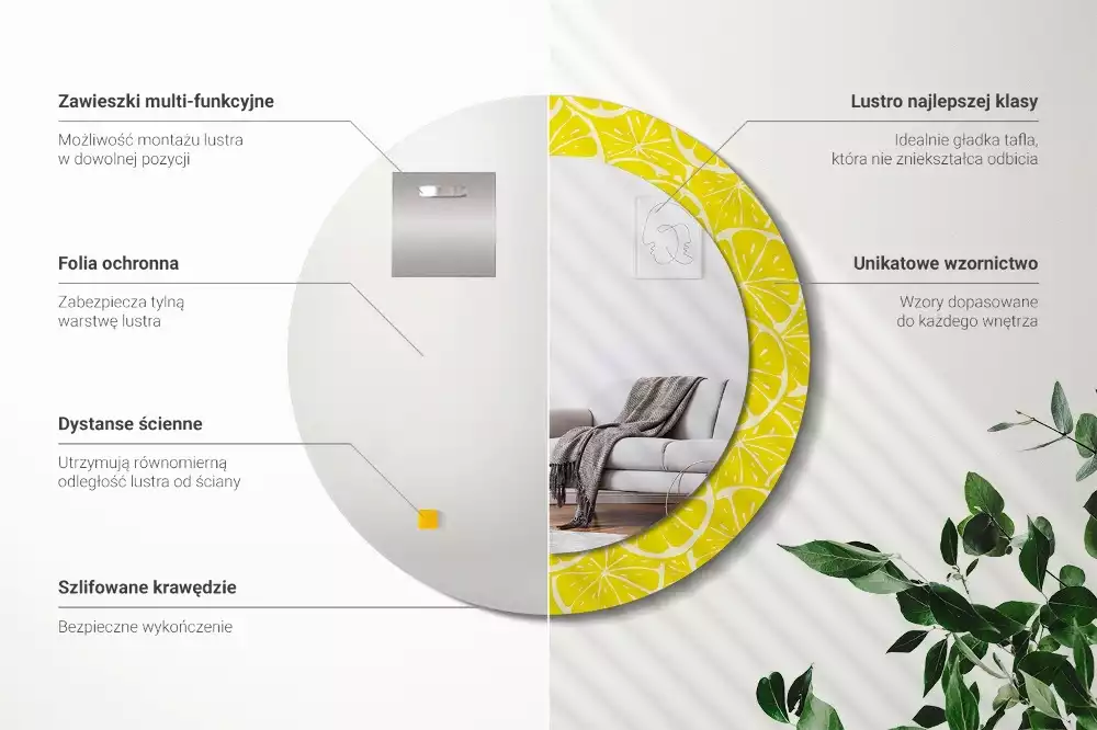 Rund spegel med tryckt ram Citroner