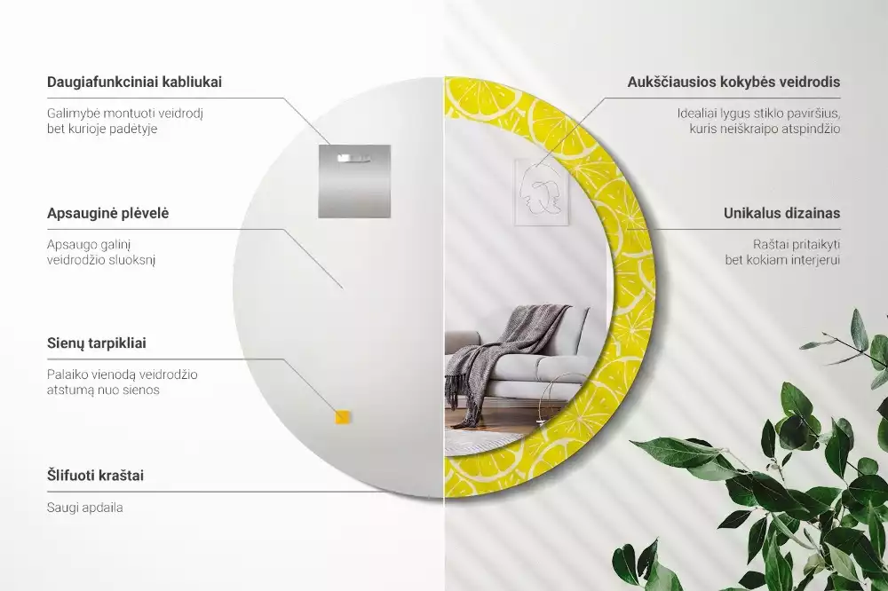 Rund spegel med tryckt ram Citroner