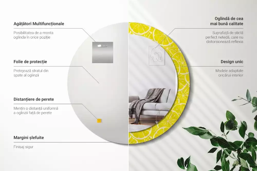 Rund spegel med tryckt ram Citroner