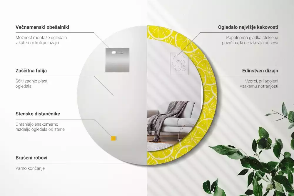 Rund spegel med tryckt ram Citroner